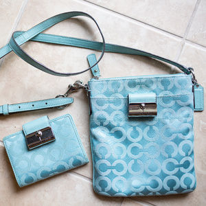 Turquoise Sateen Monogram Coach Crossbody & Wallet